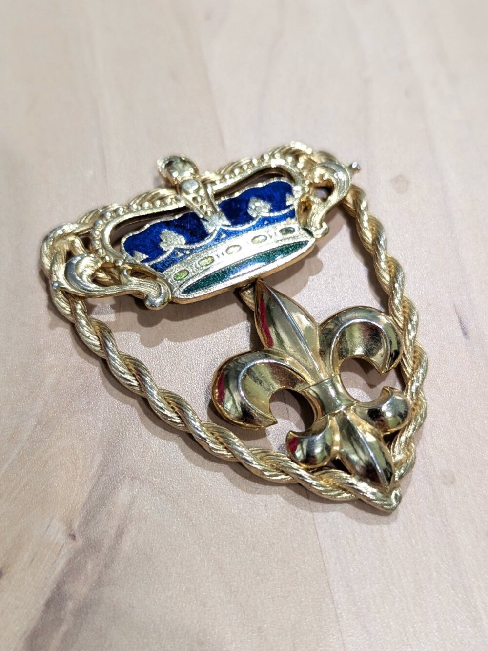 Vintage Gold Tone Blue Enamel Crown Fleur de Lis Pendant